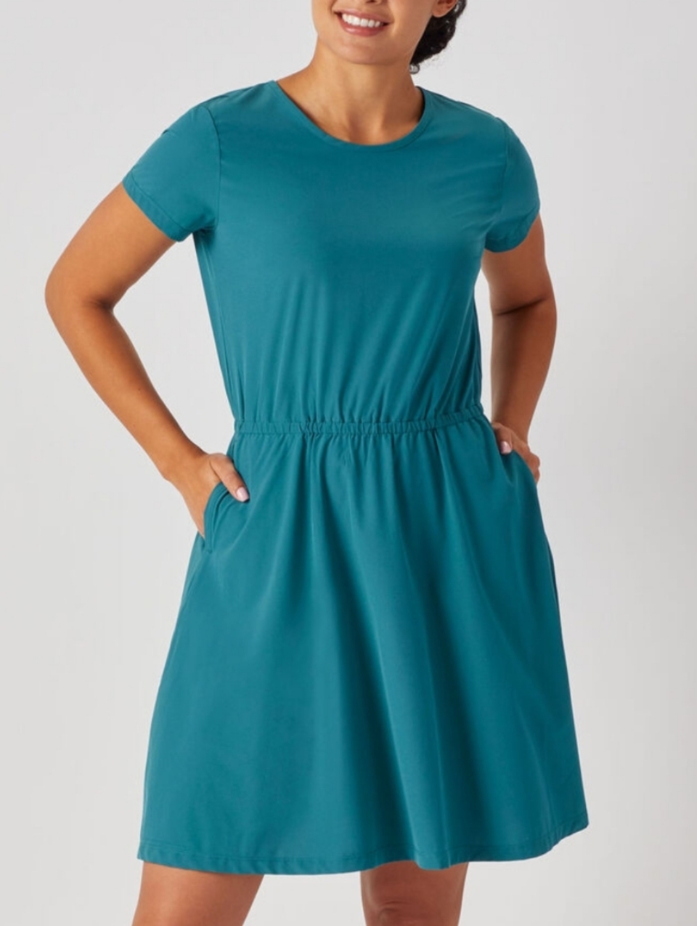 Duluth Trading Co Flexcellence Teal Short-Sleeve Elastic-Waist Dress